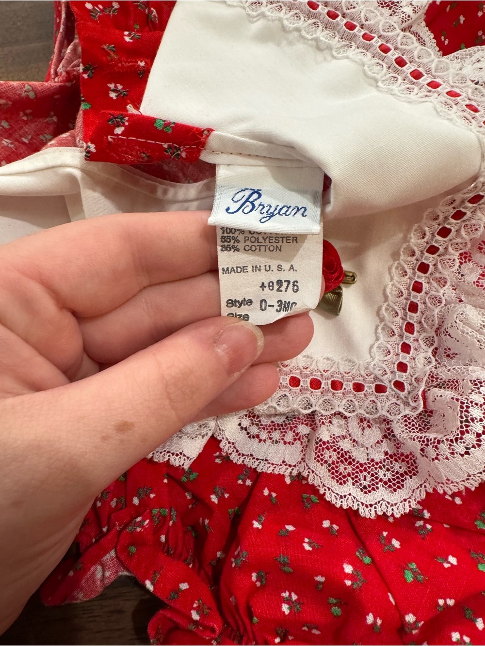Vintage Bryan Smocked Red Lace-Trim Baby Girls Matching Set - Picture 3 of 4